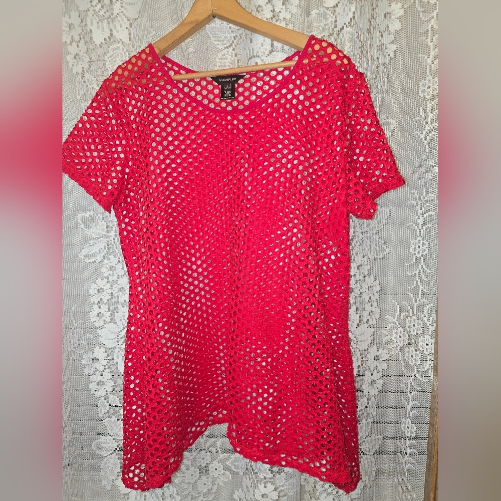 Multiples, Red Net, Mesh Womens Shirt, Large